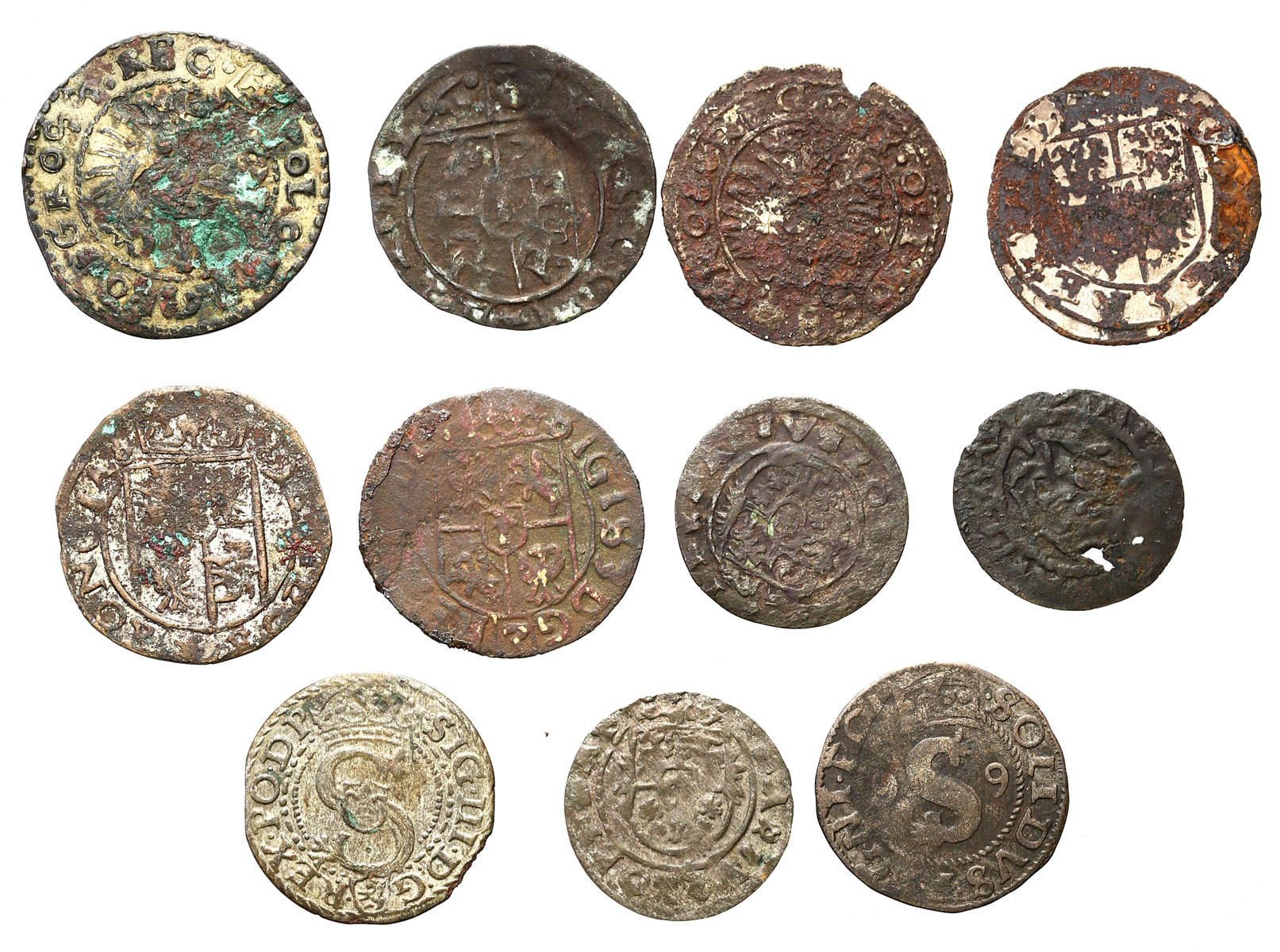 Polska XVI-XVII wiek. Grosz, szeląg, fałszerstwa z epoki, zestaw 11 monet